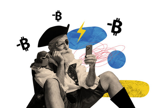 Exclusive art banner collage of puzzled pirate man miner hold phone blockchain bankrupt reduction money loss parrot cryptocurrency