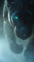 Dark fantasy illustration of black panther with glowing blue eyes in misty atmosphere.