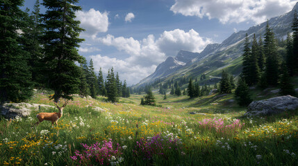 Stunning wildlife scenery with a deer in vibrant meadow, majestic mountains and evergreen trees under cloudy skies for nature lovers and adventurers