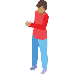 Isometric illustration of a person wearing a red long sleeve shirt and blue pants standing with hands together in front of a white background
