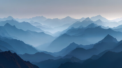 Majestic mountain range under a serene and misty sky. The landscape features layers of rolling hills with a soft, ethereal glow.