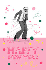 Creative vertical composite art photo collage of excited old man santa claus dance new year party celebration event xmas winter occasion