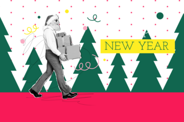 Composite art 3d creative image collage of happy old man santa claus carry present box new year tree park confetti decor on pink background