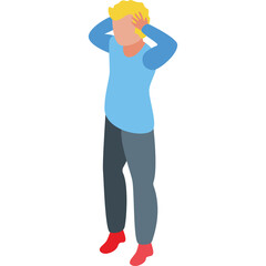 Isometric illustration of a person with blonde hair wearing a light blue long sleeve shirt dark gray pants and red shoes holding their head in frustration against a transparent background