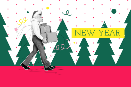 Composite art 3d creative image collage of happy old man santa claus carry present box new year tree park confetti decor on pink background