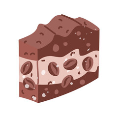 cube of sliced layered brown soap with coffee beans. Handmade. Flat illustration with white noise splashes. Bright illustration. Perfect eco-friendly cosmetics, spa, wellness, packaging design