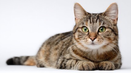 Studio portrait of a sitting tabby cat looking forward against a white back ground