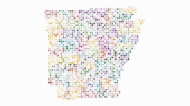 Arkansas animated shape. Pulsating colored dots on the map of the state. Small size circle blocks. Digital style Arkansas map on white background. Abstract animation video.