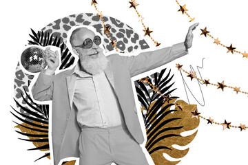 Composite trend artwork sketch image collage of silhouette aged man beard smile emoji carefree dance disco ball summer season nature party