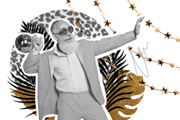 Composite trend artwork sketch image collage of silhouette aged man beard smile emoji carefree dance disco ball summer season nature party