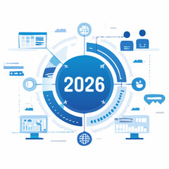 Infographic illustration featuring the year 2026 surrounded by various digital and technological icons on a blue and white background with a futuristic theme.