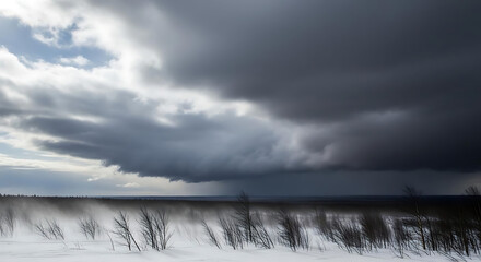 A winter landscape with snow covered ground and dark storm clouds looming above the barren trees ai generated