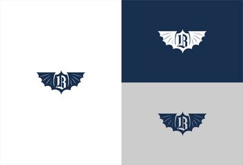 Stylized 'B' with bat wings, shown on white, gray, and blue backgrounds
