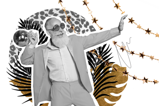 Composite trend artwork sketch image collage of silhouette aged man beard smile emoji carefree dance disco ball summer season nature party