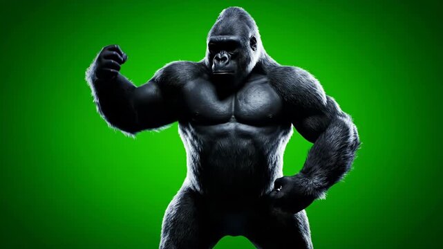 A powerful and muscular gorilla in a dynamic pose, silhouetted against a vibrant green background, symbolizing strength, dominance, and primal energy vector illustration