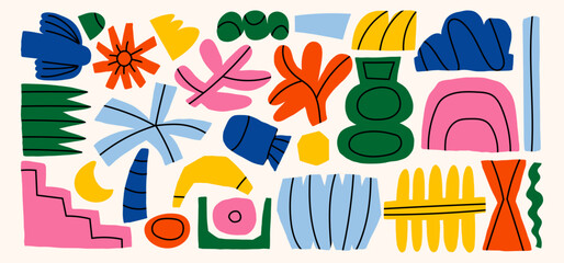 Colorful collage with doodles and scribbles looks fun and quirky. Naive abstract shapes bring a touch of cubism and childish design. Random elements create a trendy scrapbook style illustration.