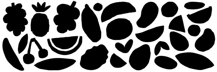 Abstract fruit shapes represent tropical summer illustration. Silhouettes include mango, banana, cherry and watermelon in round forms. Nature inspired vector elements make the design fun and playful.