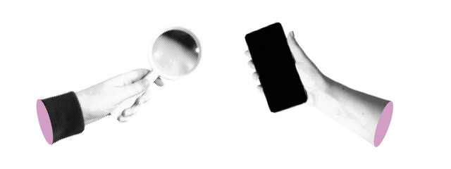 Phone with magnify hand on paper shows influence marketing. Search job art with glass digital trendy design. Internet vector workshop business and smartphone ui elements.