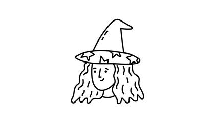 Witch woman with hat mixes magic, female portrait and witchcraft. Celestial pointed details join zodiac, occult and astrology notes. Design includes tarot, moon, ritual, constellations, night stars an