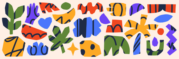 Collage mixes scraps with doodles and scribbles. Abstract shapes look fun, colorful, quirky and cubist. The weird and trendy style becomes rough and random like scrapbook art.