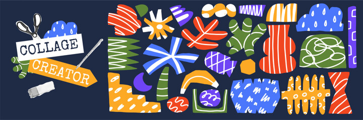 Trendy cubism collage with quirky doodle circle and fun scribble elements for modern design. This rough composition blends dadaism inspiration with summer palm or bird motifs.