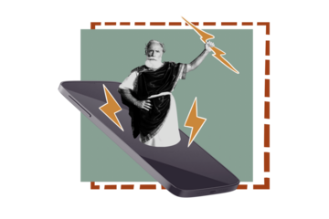 Template poster trend artwork 3D photo collage of mobile phone screen mythology aged man appear hand hold flashlight historical clothing