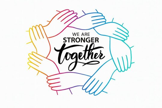 Diverse hands clasped in a circle forming a symbol of unity and strength with the inspiring message we are stronger together