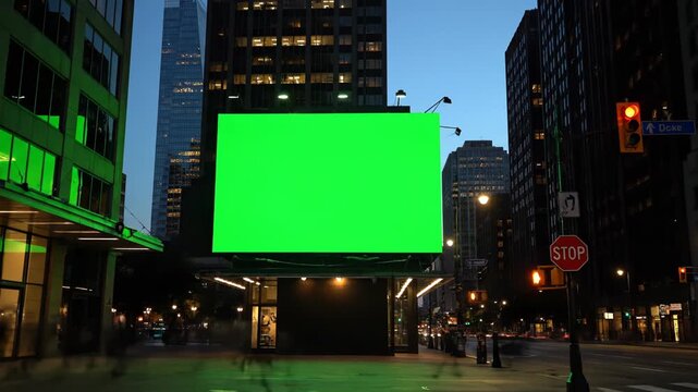 Large green screen billboard in a city street at dusk, with blurred pedestrians and tall buildings vector illustration