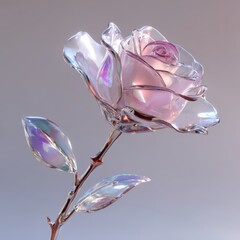Shiny crystal rose with iridescent petals and metallic stem glowing in soft light.