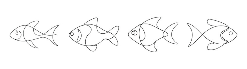 Obraz premium Collection of four stylized sketch drawings of tiger barb fish in line art style for aquatic themes