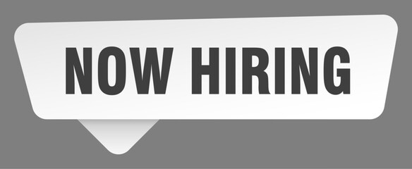 now hiring sign. now hiring white sticker isolated on gray background