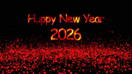 Happy new year 2026 glittering text on colorful particles background seamless looping. Holidays and celebration concept.