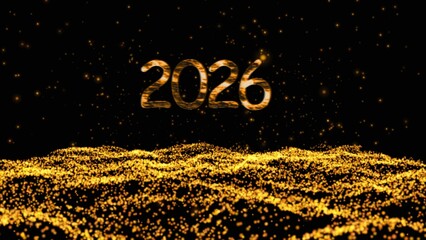 Happy new year 2026 glittering text on colorful particles background seamless looping. Holidays and celebration concept.