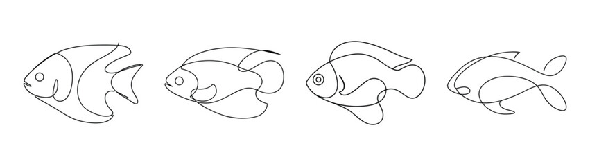 Four line art sketches of an oscar fish in different poses and angles