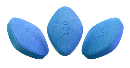 Blue diamond-shaped sildenafil tablets, 100 mg dosage pills. Pharmaceutical medication for erectile dysfunction treatment. Male health concept, potency, pharmacology industry, medical advertising 3D