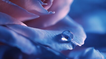 A mesmerizing close-up of a hyper-realistic, glistening dewdrop resting gracefully on a pristine petal, symbolizing the radiant vitality of skin, pure beauty, capturing the essence of freshness 