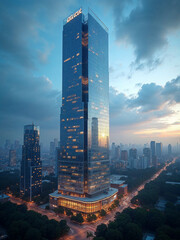 SKYSCRAPER BUILDING ON SUNSET VIEW