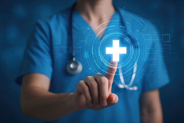 Doctor's hand touching glowing medical cross on digital interface with stethoscope finger pointing