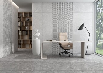 Minimal contemporary office interior with gray glossy surfaces, bright lighting, and plants, wooden book shelf on the back. 3D Illustrations. Mockup. 3D Rendering