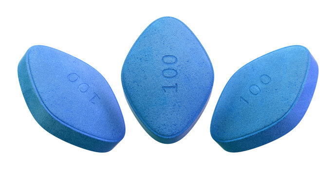 Blue diamond-shaped sildenafil tablets, 100 mg dosage pills. Pharmaceutical medication for erectile dysfunction treatment. Male health concept, potency, pharmacology industry, medical advertising 3D