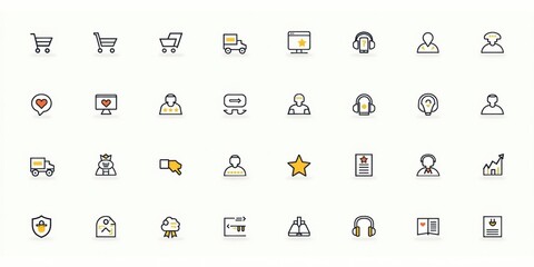 Modern flat icon set showcasing e-commerce, customer service, business, and user interface elements for digital applications and websites.
