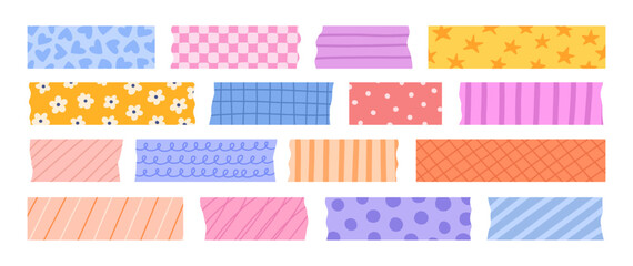 Cute paper washi tape vector illustration. Collection of adhesive scotch strip sticker.