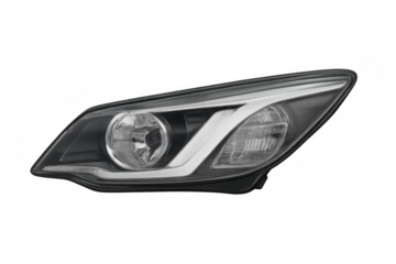 Car headlight featuring modern design and led elements, isolated on a transparent background, automotive part