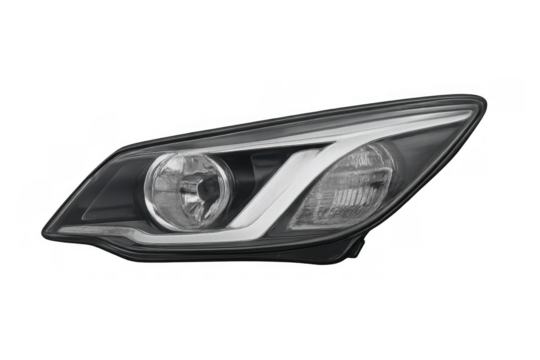 Car headlight featuring modern design and led elements, isolated on a transparent background, automotive part