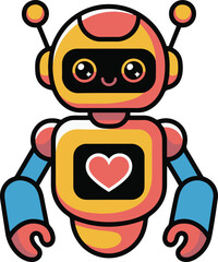 Cute robot illustration with heart symbol and smiling face in vibrant colors on white background