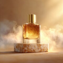 Elegant fragrance bottle on marble slab surrounded by warm mist and soft golden lighting.