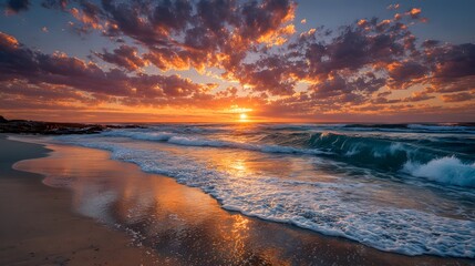 Fototapeta premium Breathtaking, vibrant sunset over the ocean shows golden light reflecting on gentle waves, while a distant pod of dolphins leaps from the water.