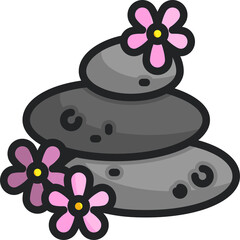 Stack of Gray Spa Stones Decorated With Pink Flowers And Yellow Centers On A Transparent Background Representing Zen And Relaxation