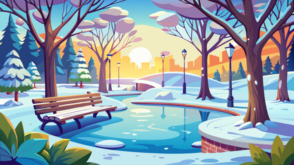 City park covered in snow, frozen pond reflecting lamp posts, benches half-buried in white, soft flakes falling in peaceful silence.