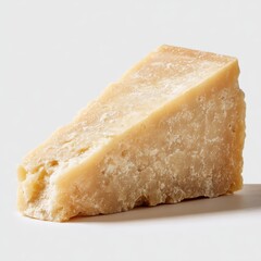 Piece of aged hard cheese with crumbly texture on white background.